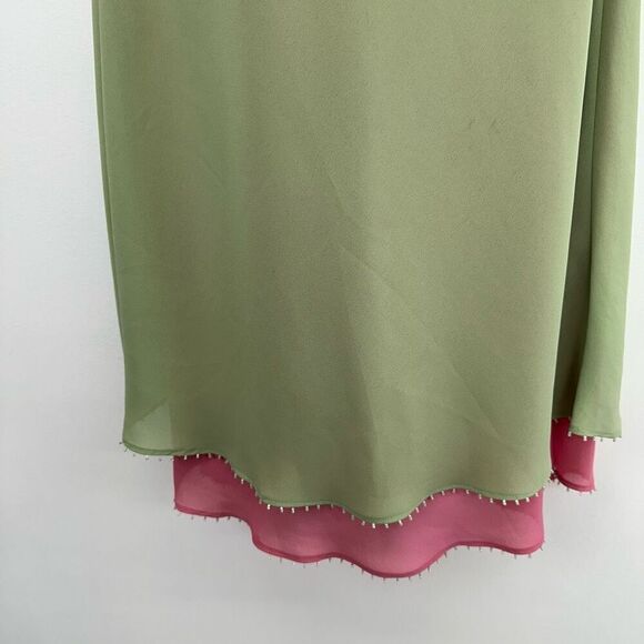 Geometrie Women’s Green Pink Y2K Floral Embroidered Dainty Bead Midi Slip Dress - Picture 11 of 11